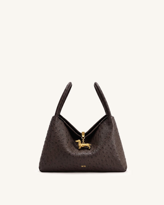 Maelle Faux Ostrich Grain Dachshund Charm Double Handle Bag - Dark Brown