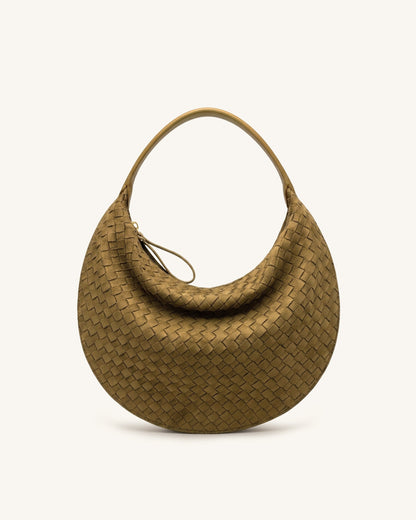 Nola Faux Suede Woven Crescent Shoulder Bag - Olive Green