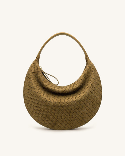 Nola Faux Suede Woven Crescent Shoulder Bag - Olive Green