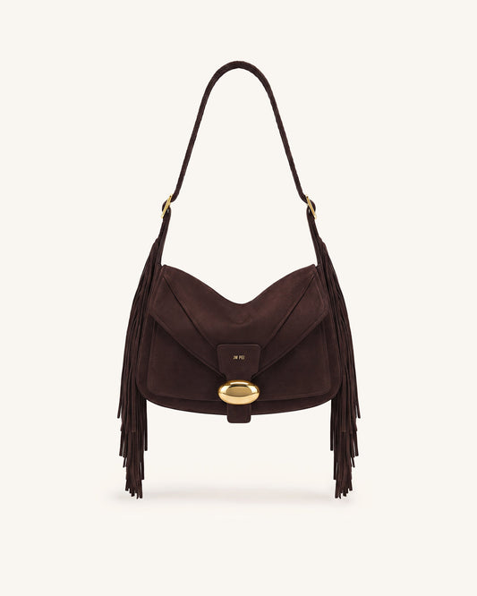 Avery Fringe Faux Suede Shoulder Bag - Dark Brown