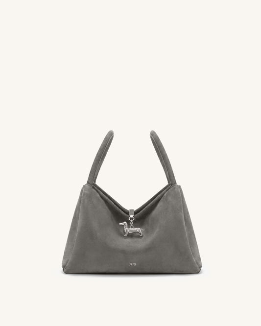 Maelle Faux Suede Dachshund Charm Double Handle Bag - Grey