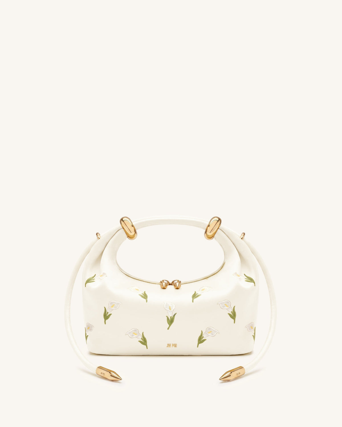 Ellie Satin Finish Embroidered Metal Ring Embellished Top Handle Bag - White