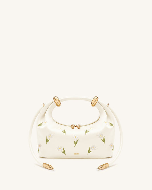 Ellie Satin Finish Embroidered Metal Ring Embellished Top Handle Bag - White