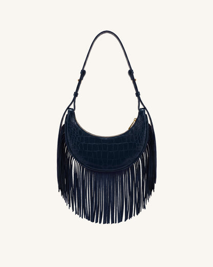 Sharon Fringe Crossbody Bag - Navy Croc