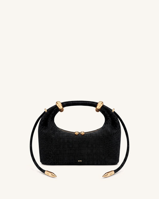 Ellie Faux Suede Metal Ring Embellished Top Handle Bag - Black Croc
