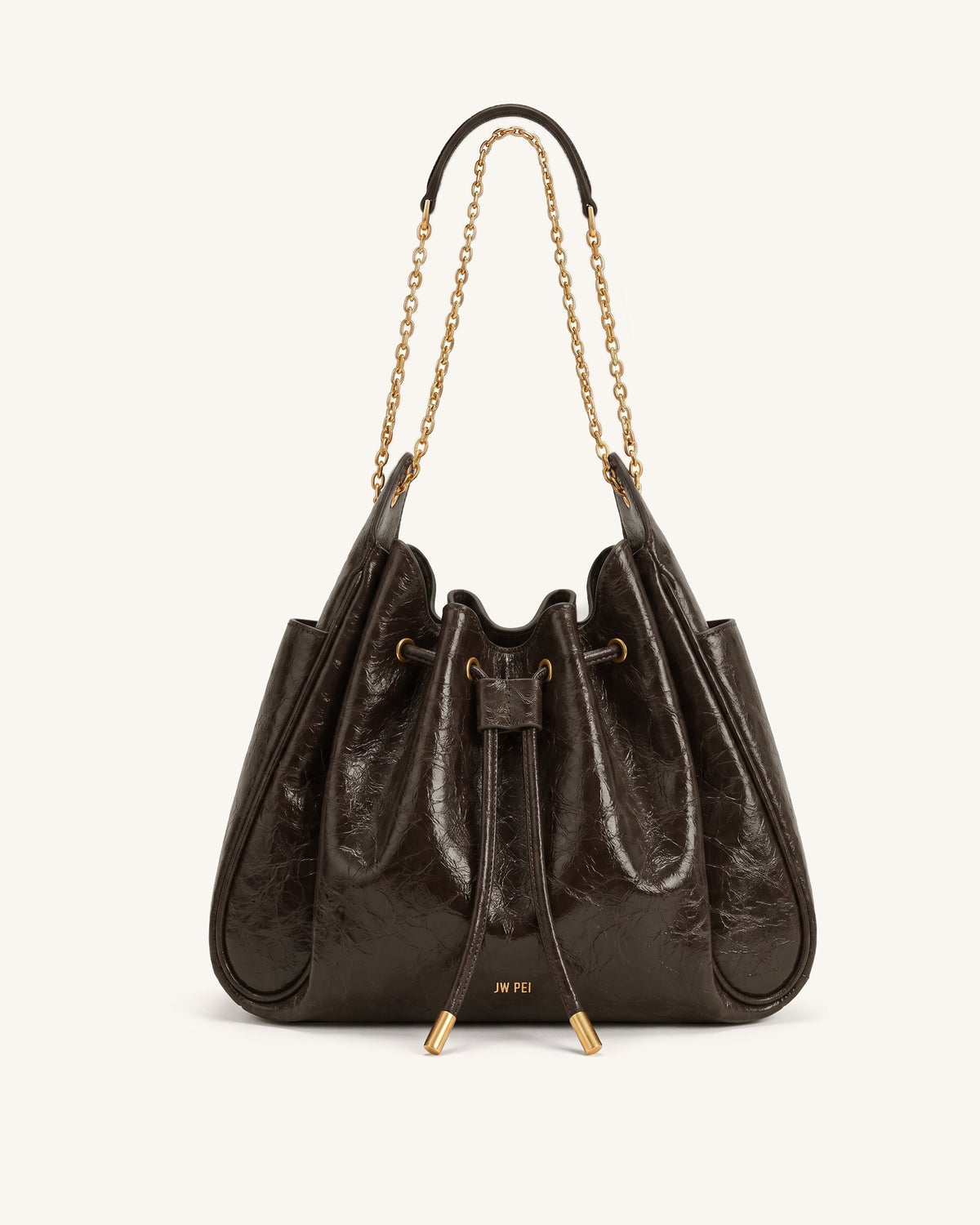 Rowan Ruched Drawstring Chain Bucket Bag - Chestnut Brown